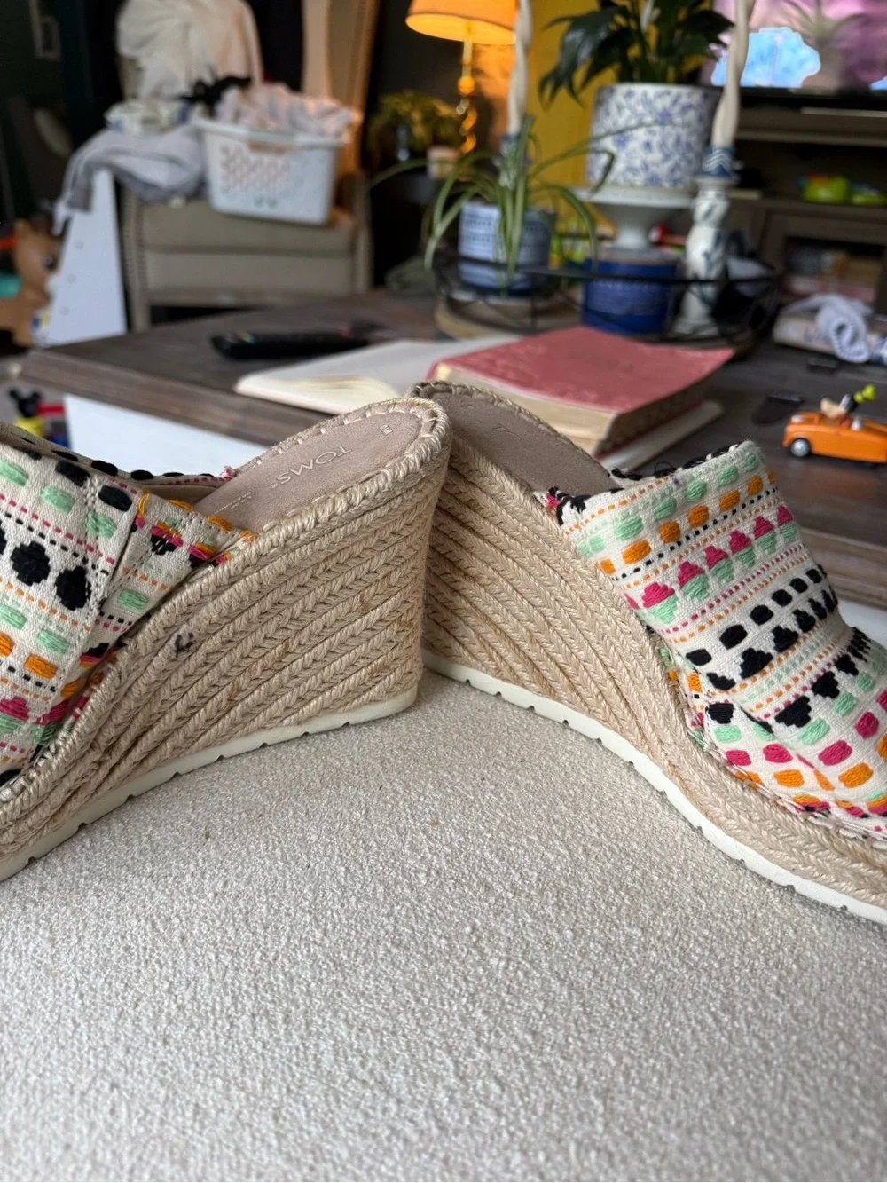 Toms Multicolor Embroidered Wedge Slides in Cream, Black, Mint, Coral, Orange